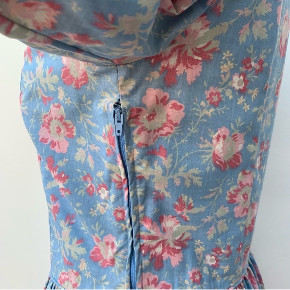 Vintage Laura Ashley Size 14 Cotton Tea Dress Button Front Blue Cornflower Pink - Picture 7 of 13